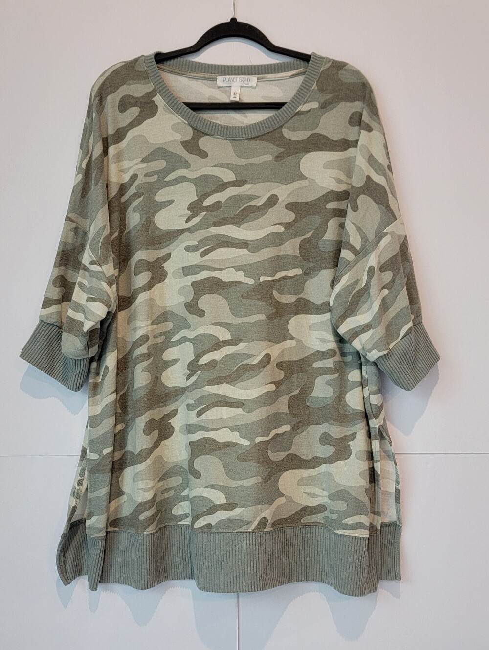 Planet Gold Plus 2X Camo Tunic Top Oversized Side Slit Ribbed Trim